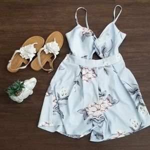 Blue open back tie floral romper